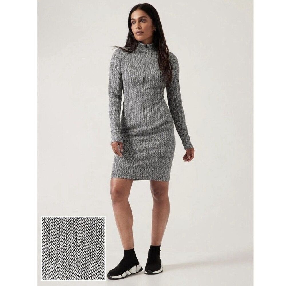 Athleta Delancey Textured Dress Small Black White Mock Neck Long Sleeve Mini